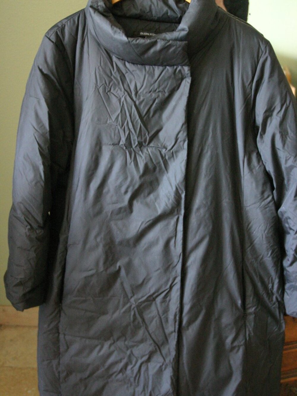 Eileen Fisher long black down coat, nylon lining, XL